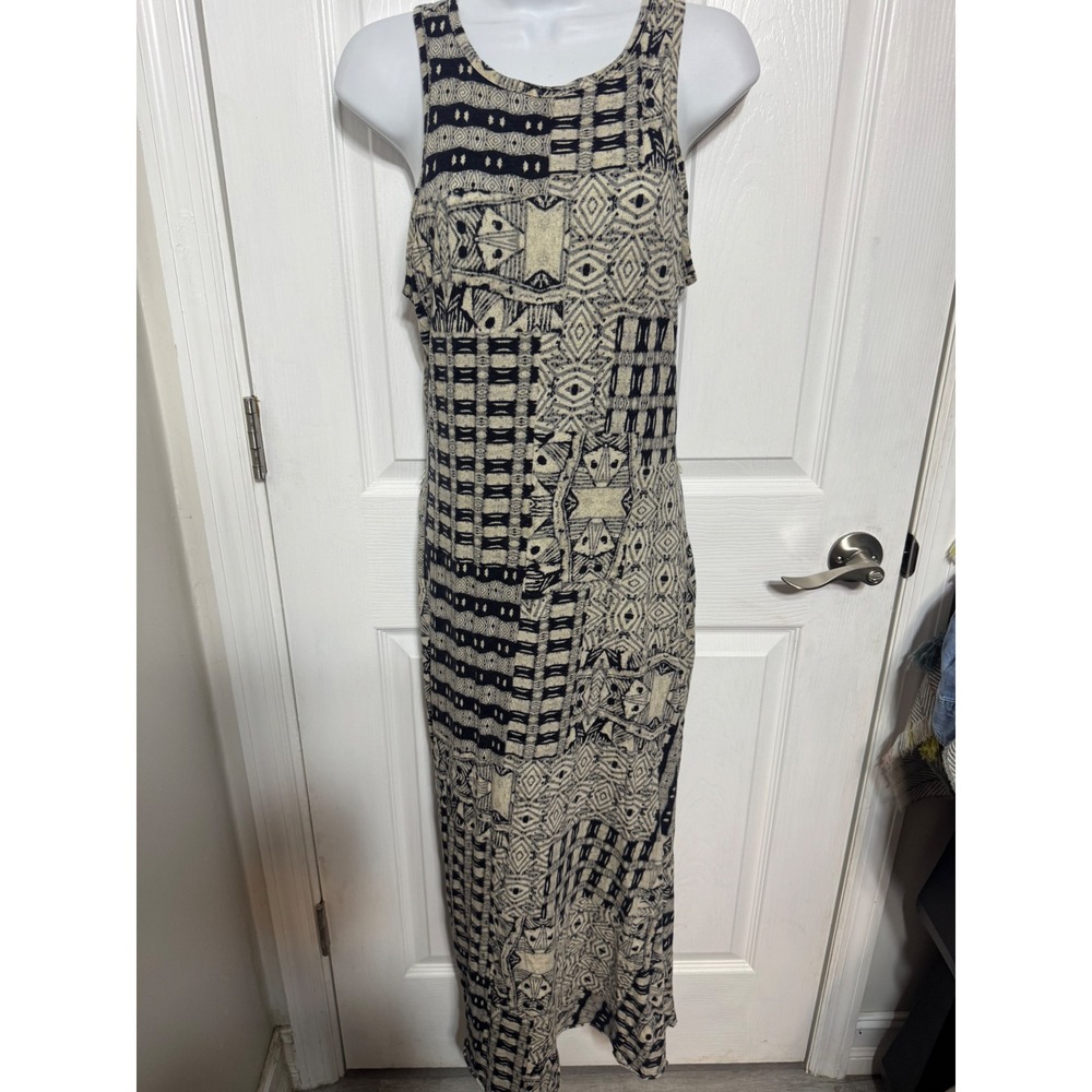 Y2K Lauren Ralph Lauren Geometric Tribal Print Cotton Maxi Dress Navy S raw hem